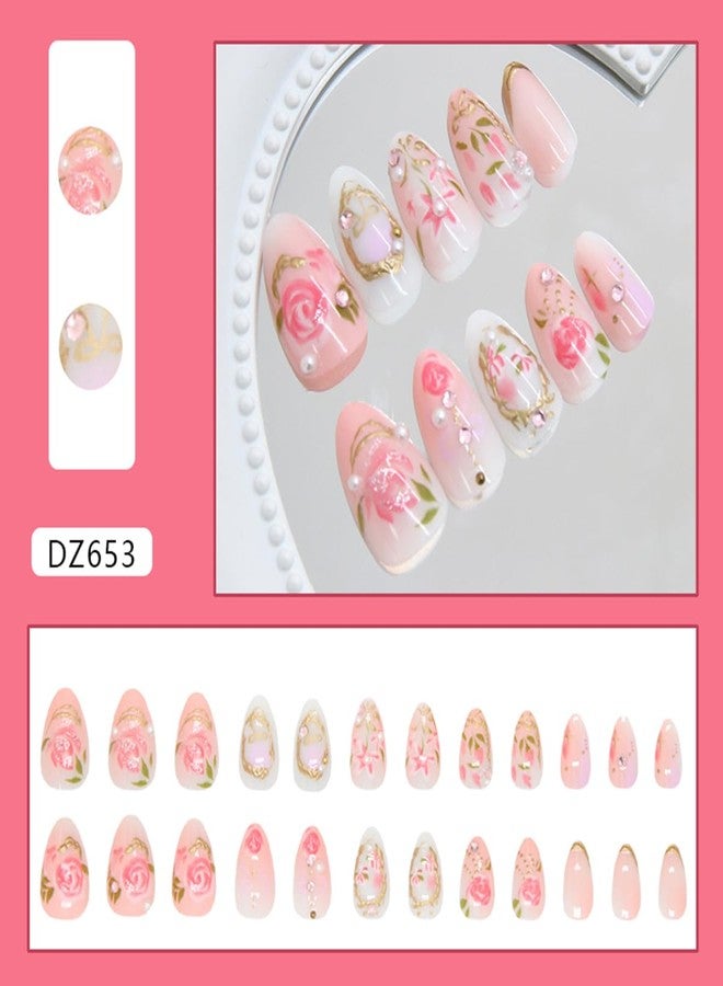 OSTTMA 24Pcs Pink Press on Nails Short Almond Fake Nails with 3D Flower Rhinestone Pearl Bow Design Rose Tulip Gold Gilding False Nails Full Cover Acrylic Nail Glossy Cute Floral Glue on Nails for Women - Image 5